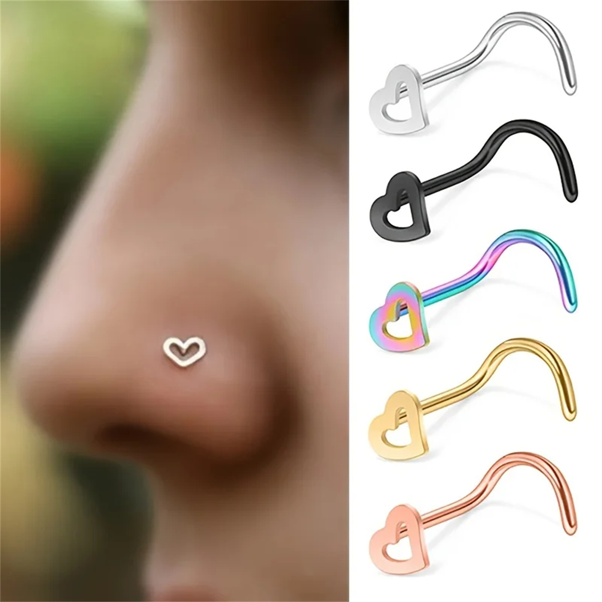 Nostril Screw Pin - 5pcs Fashion Hollow Heart Stainless Steel